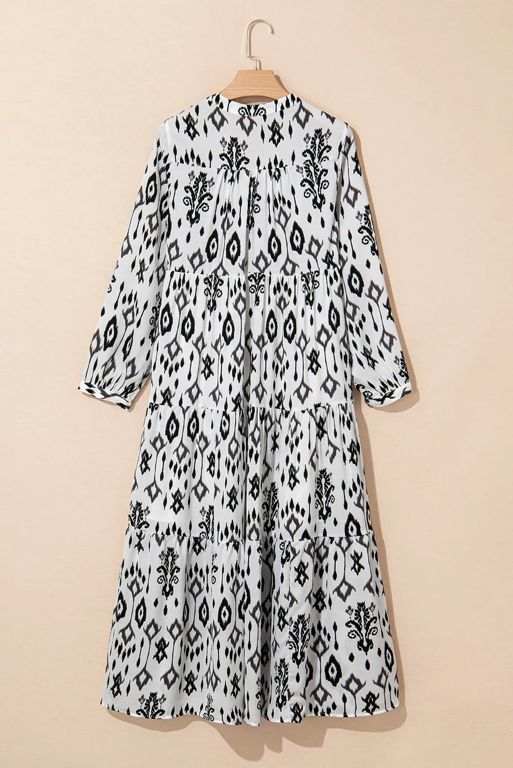 Tiered Printed Notched Long Sleeve Midi Dress