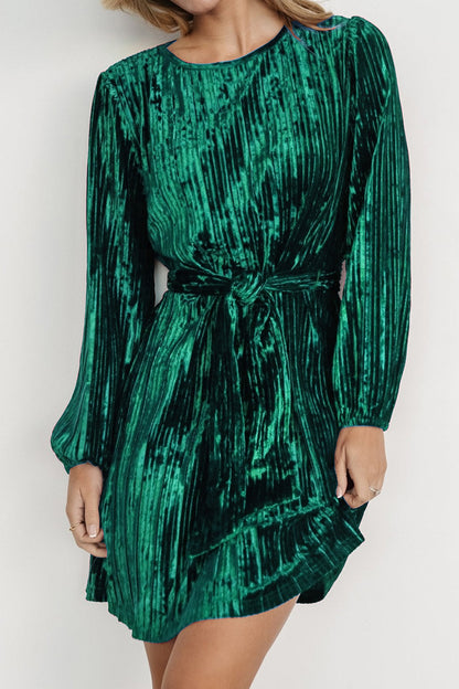 Velvet Round Neck Tie Waist Long Sleeve Mini Dress