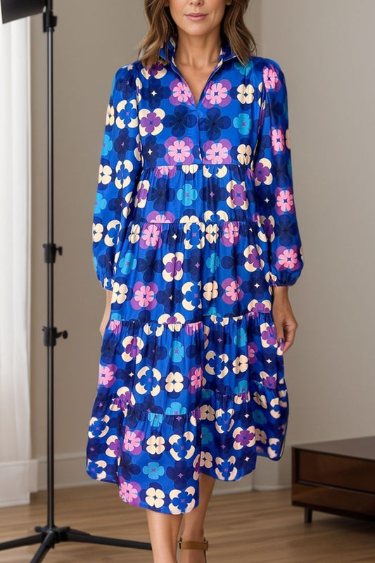 Printed Collared Neck Long Sleeve Midi Dress