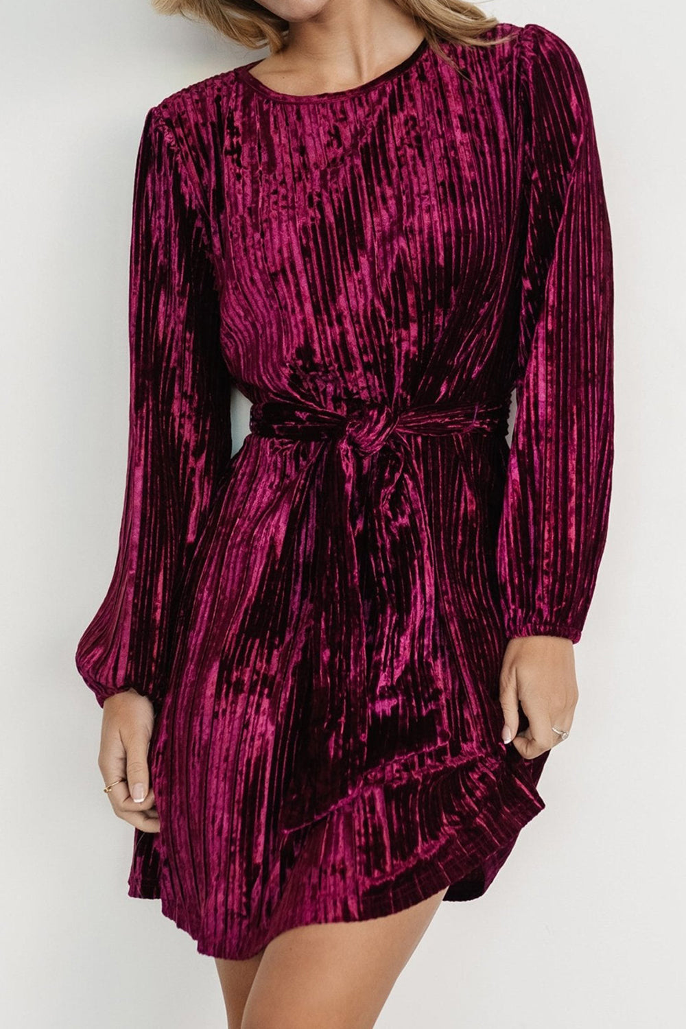 Velvet Round Neck Tie Waist Long Sleeve Mini Dress