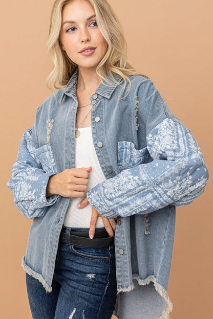 And The Why Full Size Paisley Print Quilted Sleeves Denim Jacket