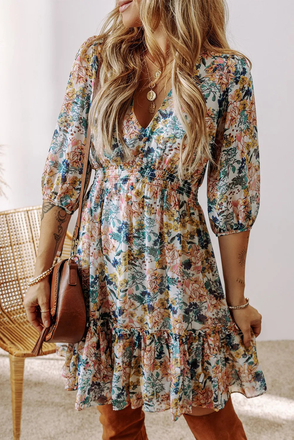 Printed V-Neck Half Sleeve Dress